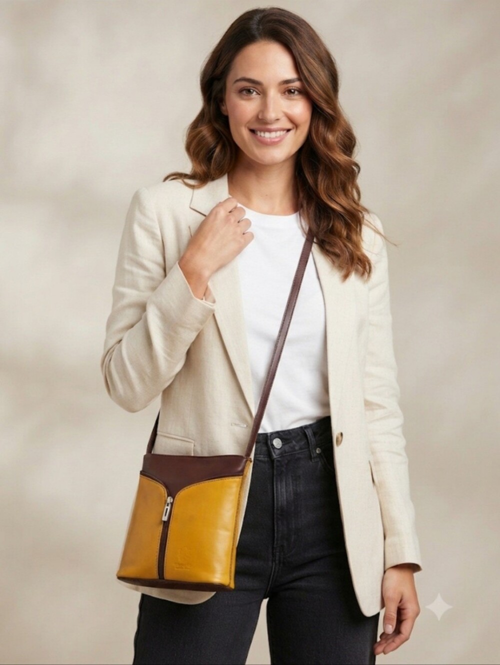 Vera Pelle Italy Leather Two-Tone Crossbody Bag in Mustard and Brown